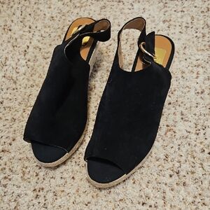 NEW Kanna Black Suede Slingback Wedge Sandal Espadrille 9/40